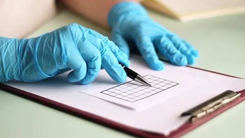 Doctor in blue gloves sitting at table writing prescription to patient. Medical Stock Footage 307751909
