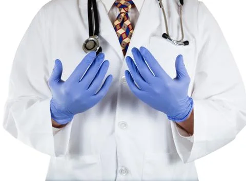 Doctor with blue latex gloves on hands Stock Photos