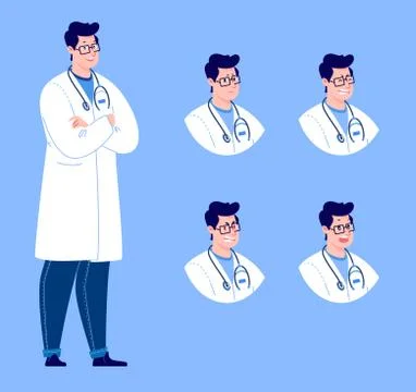 Doctor character creation set with various emotions. Isolated. Male doctor. Illustrazione stock