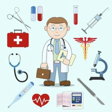 Doctor character with medicine icons Stock Illustration
