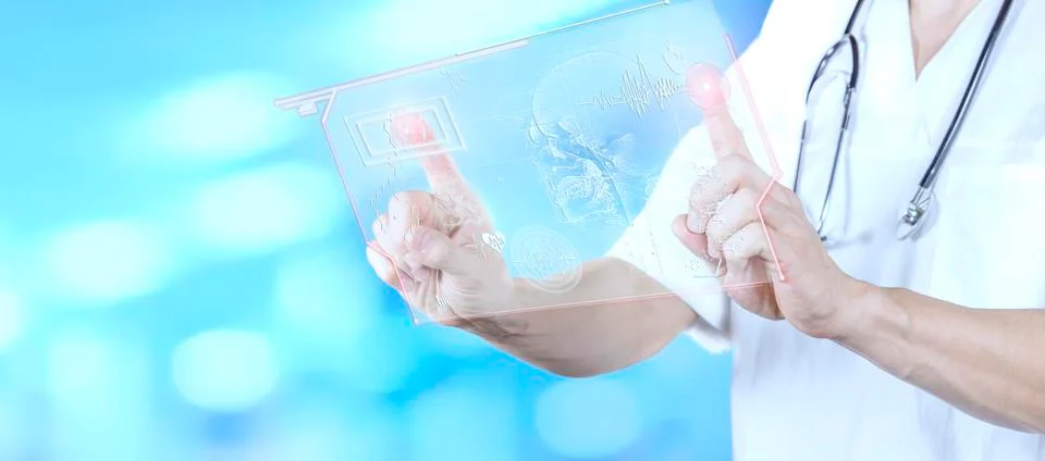 Doctor checking brain testing result with computer interface, innovative tech 스톡 사진