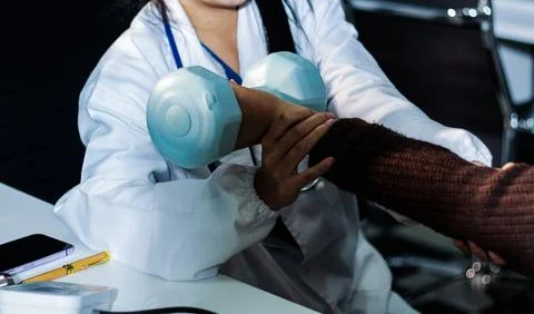 Doctor is checking for muscle injuries and using dumbbells test injury and .. Foto stock