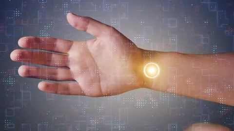 Doctor checking patient pulse using futuristic digital interface Stock Footage 305023676