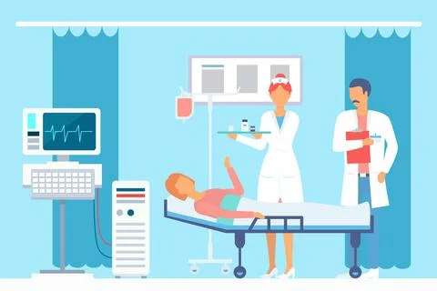 Doctor checking patient s condition after surgery, nurse with tablets Stockillustratie