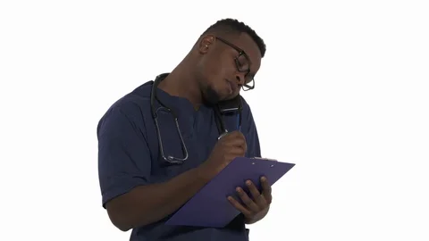 Doctor checking patients data and holding consultation over the phone. Isolated, Stock Footage 126894023