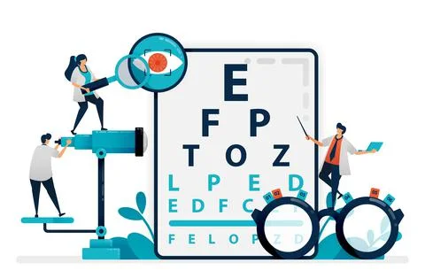 Doctor checks patient eyes health with snellen chart, glasses for eye disease Stock Illustration