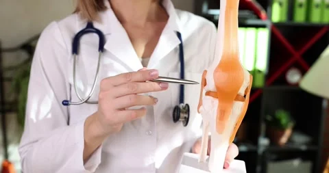 Doctor in coat explains structure of knee joint holding model Stock Footage 307900700