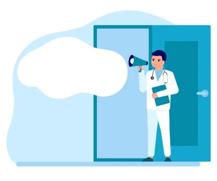 Doctor communicates message through megaphone. Announcement, information Illustrazione stock