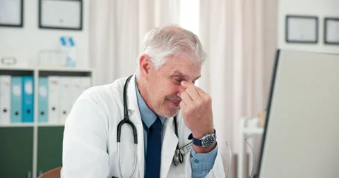 Doctor, computer or man with glasses eye strain in clinic from stress, Stock Footage 324506442