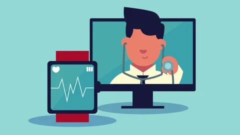 Doctor consultation via computer screen with heart rate monitor on smartwat.. 스톡 동영상 334090936