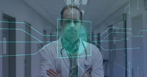 Doctor in corridor receiving cyan square from projector mapping face pulsing Stock Footage 314790655