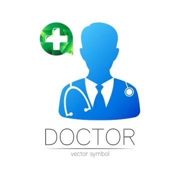 Doctor with cross vector logotype in blue, green color. Silhouette medical man Stock Illustration