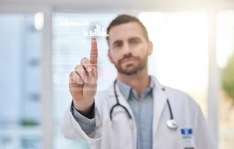 Doctor, data analytics and technology abstract, screen and button, man touch Stock Photos