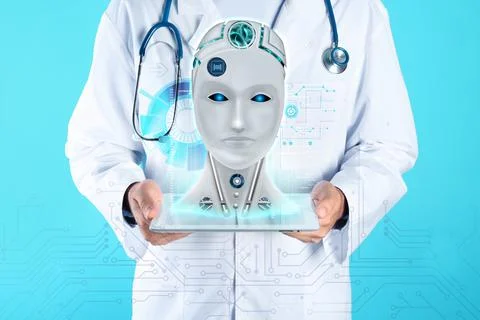 Doctor demonstrating digital model of artificial intelligence on blue backgro Stock Photos