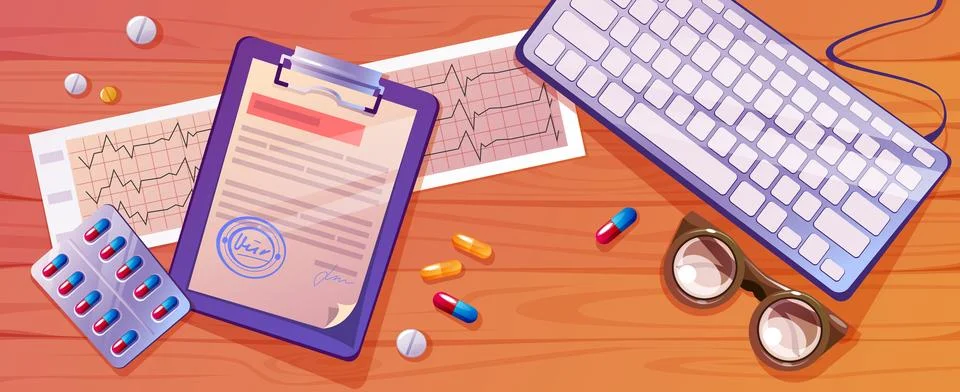 Doctor desk top view with computer keyboard Stock Illustration