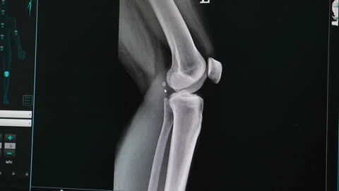 Doctor doing computer examination of knee joint using medical equipment. x-ray Vidéo 207112632