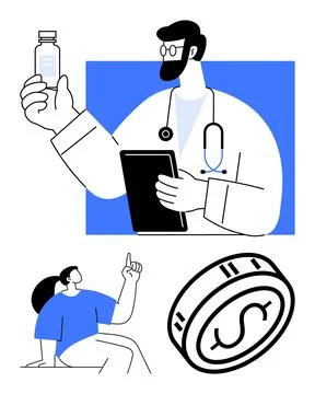 Doctor examines medication while holding a tablet, patient gestures a questio Stock Illustration