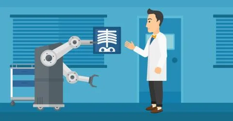 Doctor examining radiograph with help of robot. Stock Illustration
