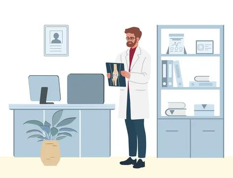 Doctor examining spinal X-ray in modern office setting with desk and shelve.. Stock Illustration