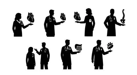 Doctor Explaining with Anatomical Model Silhouettes Stock Illustration
