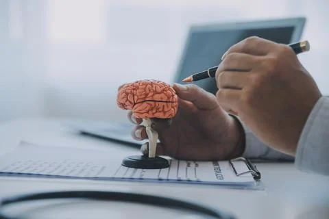 Doctor explaining brain functions to patient on model in office. 写真素材