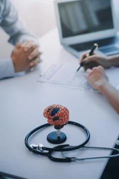 Doctor explaining brain functions to patient on model in office. Stock Photos