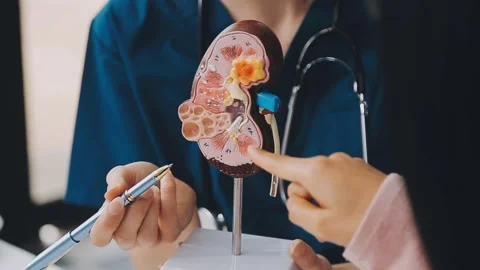 Doctor explaining kidney function to patient using anatomical model Stock Footage 325475900
