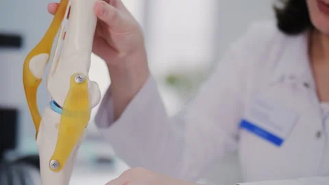 Doctor Explaining Knee Joint Structure with Model Stock Footage 304743532