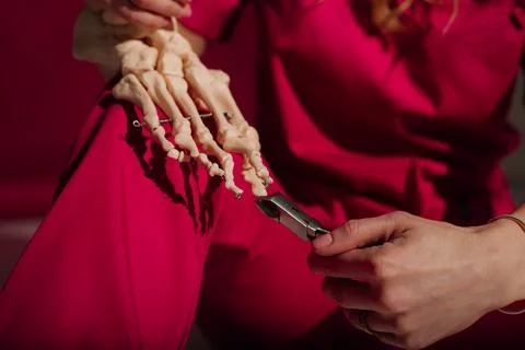 Doctor explaining operation to foot on bone model Stock Photos