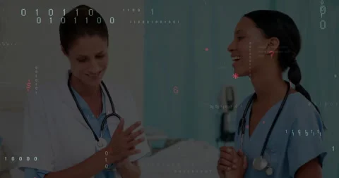 Doctor explaining procedure next to bed, initiating floating code overlay Stock Footage 311698094