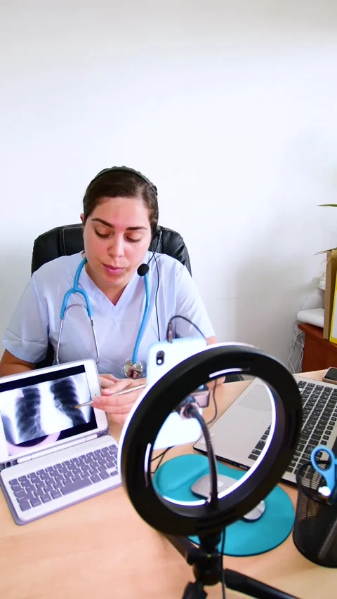 Doctor Explaining thorax X-Ray Results to patient, during online consultation Stock Footage 203791458