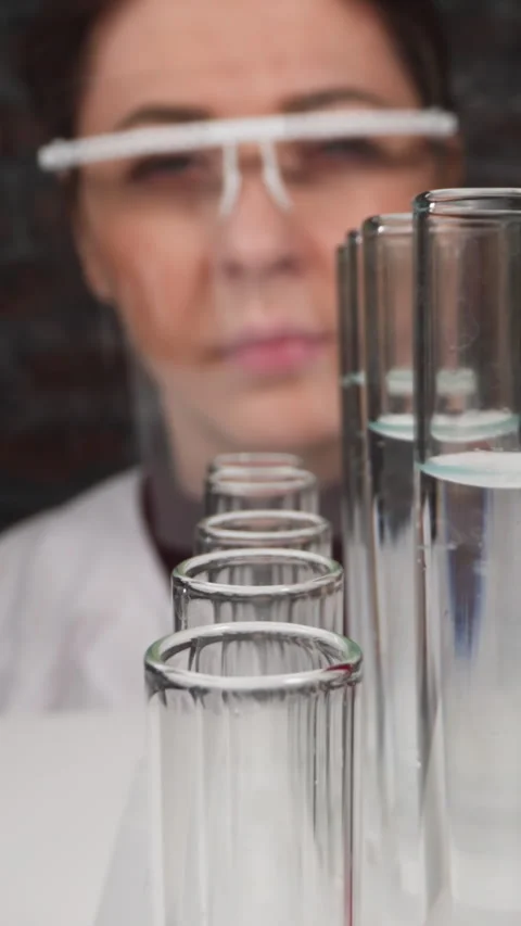 Doctor with face shield takes test tube to check sample Stock Footage 310865380