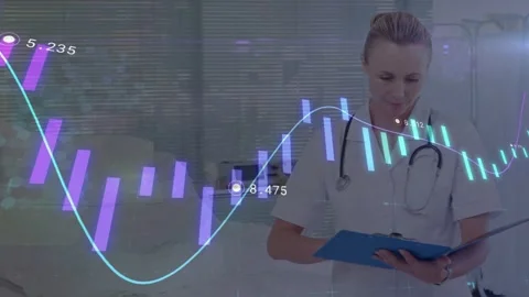 Doctor flipping, writing notes at empty bed as purple bars and cyan wave Stock Footage 333425814