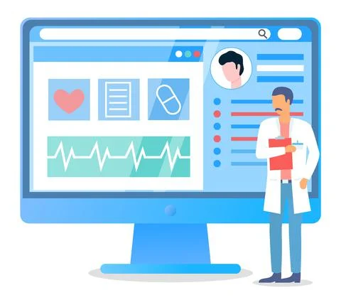 Doctor with folder standing near computer screen with personal medical card of 스톡 일러스트