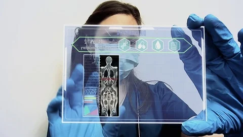 Doctor with futuristic hud screen tablet. Medical concept.  Future. Stock Footage