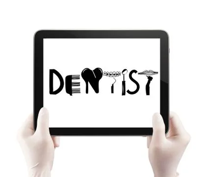 Doctor hand hold tablet computer show design word dentist as concept Stock Illustration