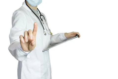 The doctor hand points to an empty space ,virtual screen Stock Photos