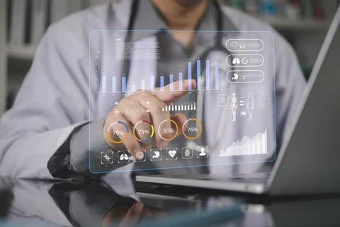 Doctor hand touch virtual interface analyze patient data. Medical healthcar.. Stock Photos