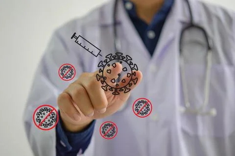 Doctor hand touching virtual screen , icon inject virus. Business concept Stock Photos