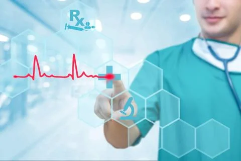 Doctor hand working on visual screen interface with ecg wave, professional Stock Photos
