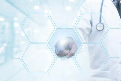 Doctor hand working on visual screen interface as professional medicine concept Stock Photos