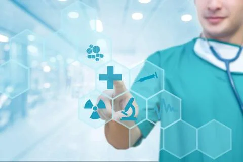Doctor hand working on visual screen interface as professional medicine concept Stock Photos