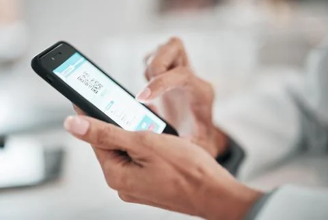 Doctor, hands and code on screen of phone with mobile app, results and click Stock Photos