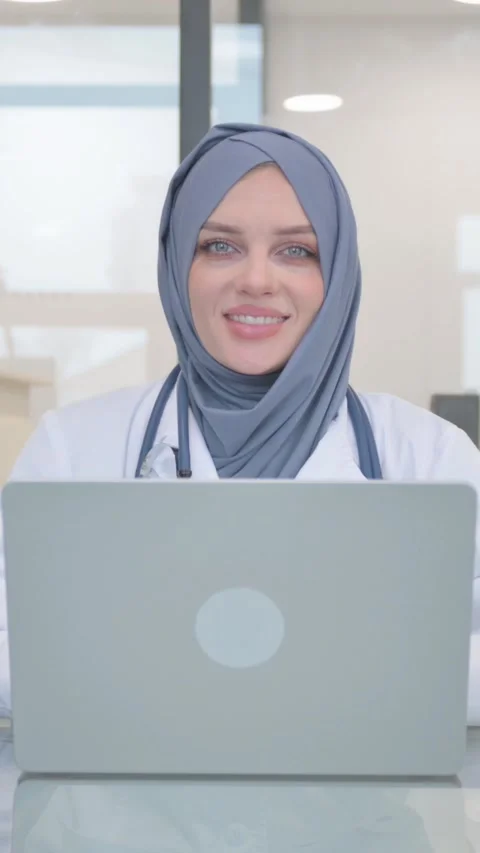 Doctor in Hijab Smiling at Camera while Working on Laptop, vertical video Stock Footage 324781415