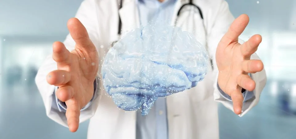Doctor holding a 3d rendering artificial brain Stock Illustration
