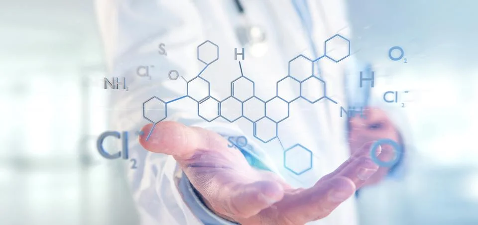 Doctor holding a 3d rendering molecule structure isolated on a background Stock Illustration