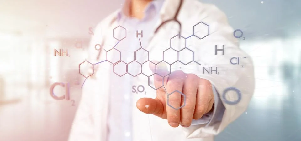 Doctor holding a 3d rendering molecule structure isolated on a background Stock Illustration