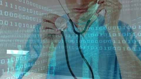 Doctor holding handset and checking stethoscope starting telecare binary overlay Stock Footage 334036597