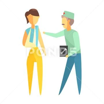 Doctor holding roentgen image and helping a woman with a broken arm. Colorful Stock Illustration