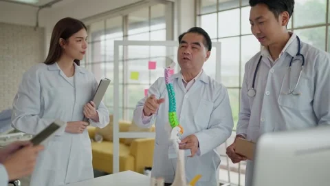 Doctor holding spine model while teaching explain structure of human to students Stock Footage 274637980